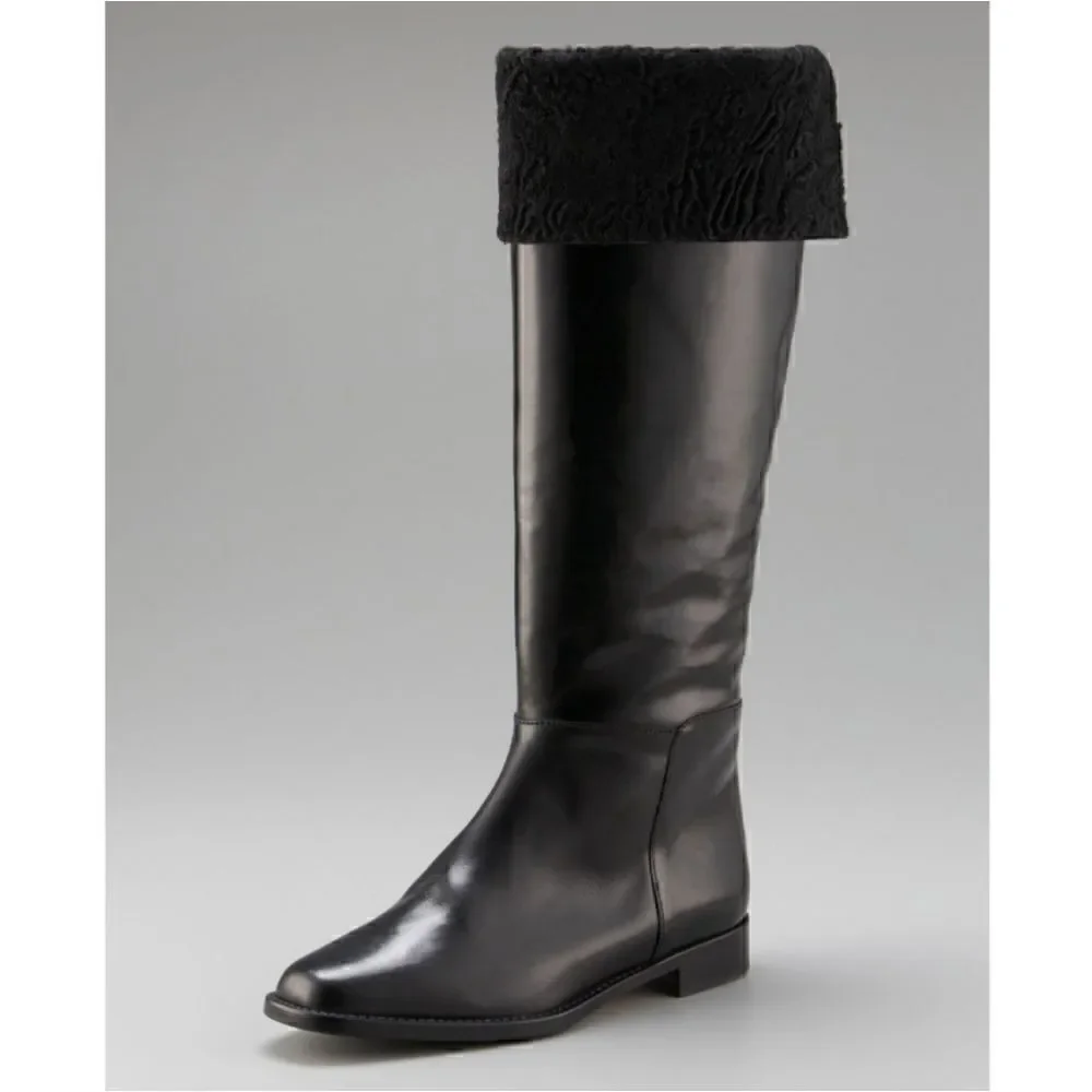 Manolo Blahnik Black Astrakhan-Cuffed Riding Boot